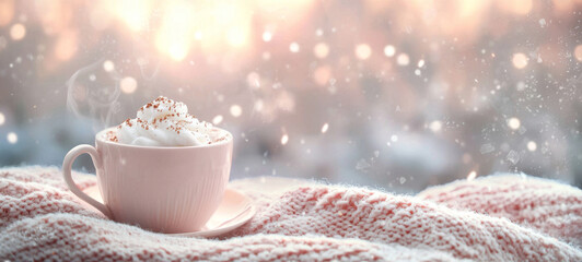 cozy cup of hot cocoa with whipped cream on soft blanket during snowy day