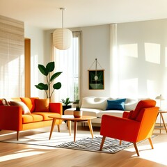 Fototapeta premium Bright modern living room, orange armchair, white sofa, wooden coffee table, large window, pendant light, potted plant, patterned rug, warm sunlight, minimalist decor, Scandinavian design, cozy interi