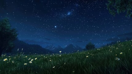Naklejka premium Starry Night Over Peaceful Meadow
