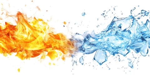 Eye-catching image of blue ice and yellow flames splashing together on a bright white background