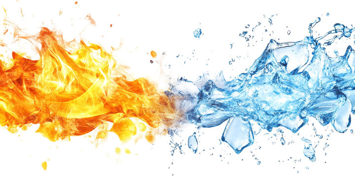 Eye-catching image of blue ice and yellow flames splashing together on a bright white background