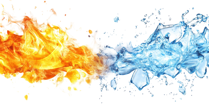 Eye-catching image of blue ice and yellow flames splashing together on a bright white background
