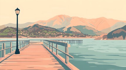 Obraz premium Tranquil Pier Scene With Mountain View And Coastal Town