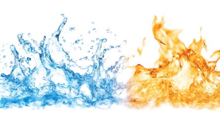 High-impact image of blue ice and yellow fire splashing dramatically against a pure white backdrop