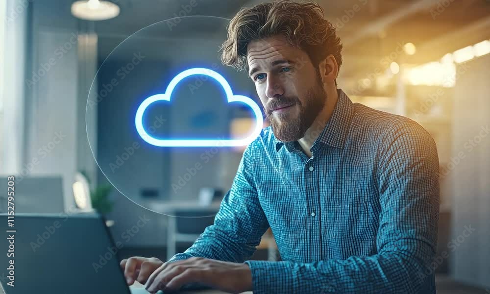Poster cloud computing: man working on laptop with digital cloud icon