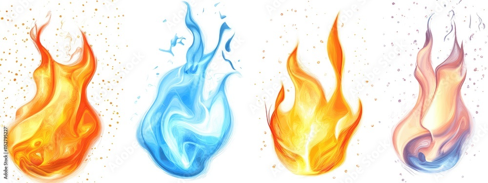 Poster a collection of stylized flames in various colors representing different elements.