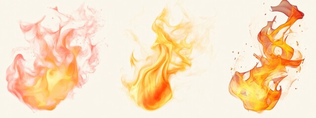 Three stylized flames in varying colors and shapes, illustrating fire dynamics.