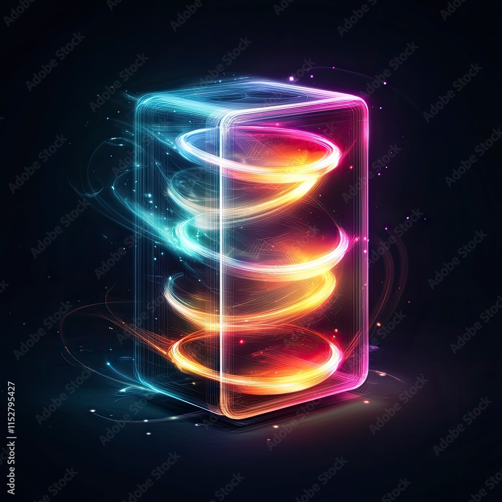 Poster a mesmerizing glowing 3d container filled with colorful spirals, showcasing futuristic design and en