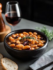 Close-up Photo: Savory Stewed Beans Richly Cooked in Rustic Bowl. AI Generated