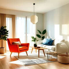Bright modern living room, orange armchair, white sofa, wooden coffee table, large window, pendant light, potted plant, patterned rug, warm sunlight, minimalist decor, Scandinavian design, cozy interi