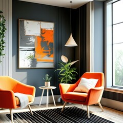 Modern interior design, vibrant orange armchairs, dark gray walls, geometric artwork, pendant light fixture, large window, black and white rug, minimalist decor, high contrast colors, stylish reading 