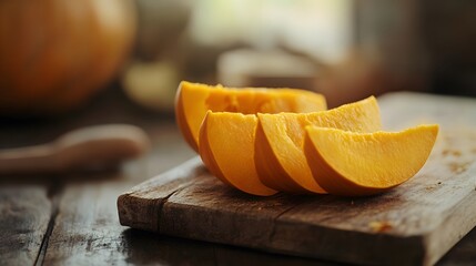 Close up sliced Pumpkin on wooden board