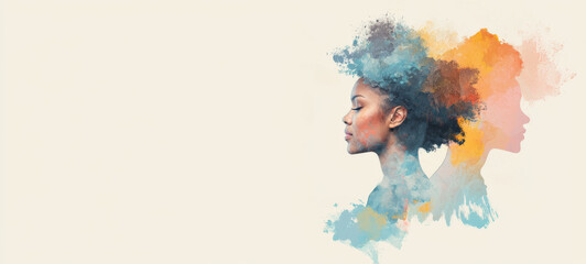 creative double exposure of woman with colorful abstract watercolor effects