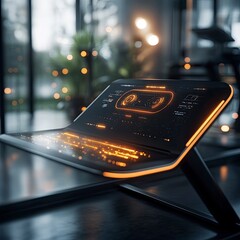 Obraz premium Futuristic workspace setup featuring a sleek, glowing laptop with a high-tech interface in a modern indoor environment