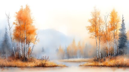 Fototapeta premium Autumn serenity tranquil landscape with misty river forest and golden leaves