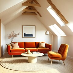 mid-century modern living room, orange velvet sofa, wooden ceiling beams, white brick wall, minimalist decor, cozy armchair, round coffee table, floor lamp, potted plant, natural light, warm tones, te