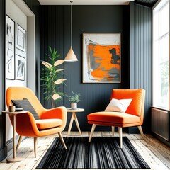 Modern interior design, vibrant orange armchairs, dark gray walls, geometric artwork, pendant light fixture, large window, black and white rug, minimalist decor, high contrast colors, stylish reading 