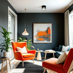 Modern interior design, vibrant orange armchairs, dark gray walls, geometric artwork, pendant light fixture, large window, black and white rug, minimalist decor, high contrast colors, stylish reading 