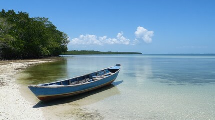 Naklejka premium Serene Beach Landscape with Blue Boat on Calm Tropical Water