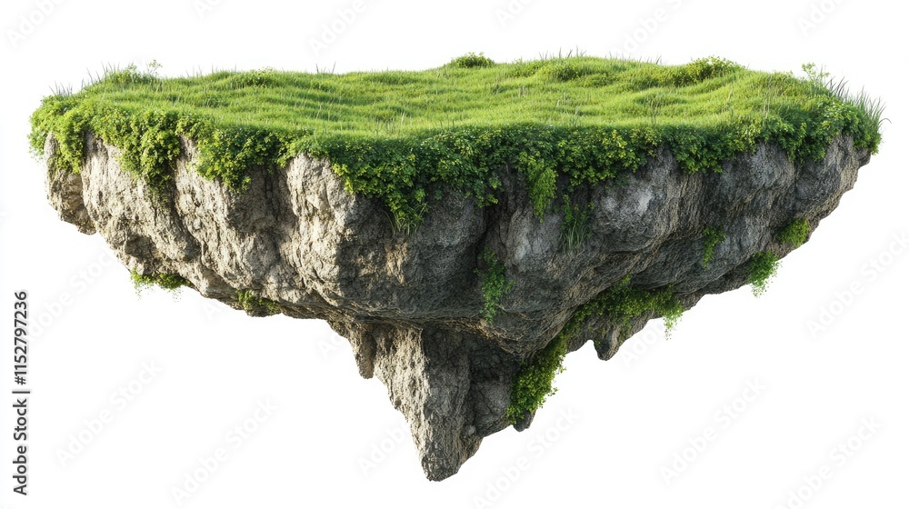 Poster a floating island covered in lush greenery and rocks, creating a surreal landscape.
