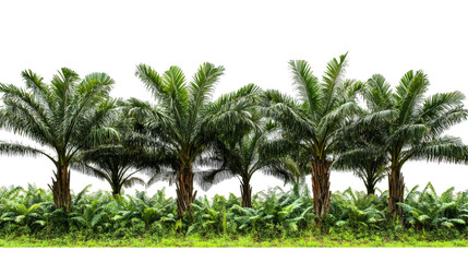 A striking image of oil palm plants, featuring their iconic fan-shaped leaves and sturdy trunks, showcasing their majestic presence