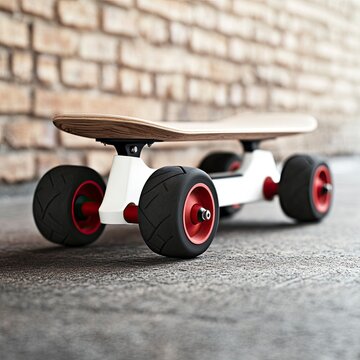 A close-up view of a modern skateboard showcasing its sleek design, vibrant red wheels, and stylish wooden deck against a textured brick wall.