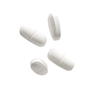 white pills floating in the air isolated transparent background