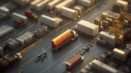 Aerial view of cargo truck in shipping port, containers, logistics, transportation.