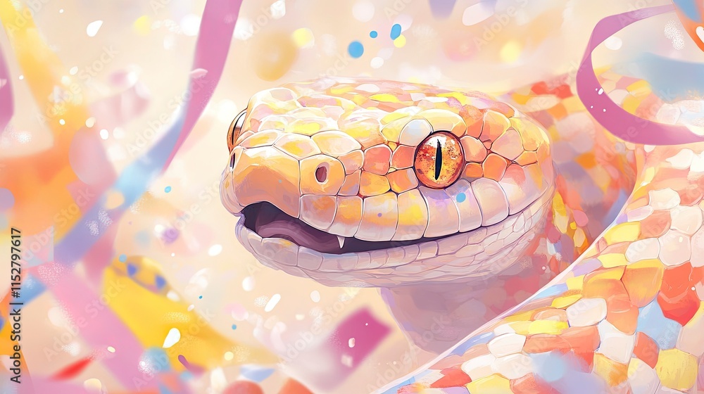 Poster a vibrant and captivating close-up of a colorful patterned snake amidst a dreamy, abstract backgroun