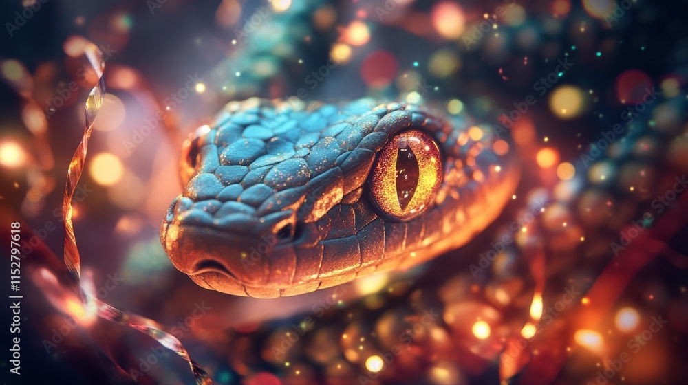 Poster captivating close-up of a vibrant snake surrounded by dreamy bokeh lights and shimmering colors in a