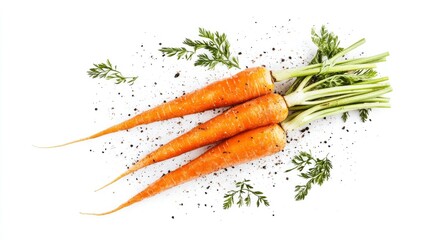 Fresh, organic carrots with green foliage and soil, beautifully arranged on a clean white background for vibrant culinary use