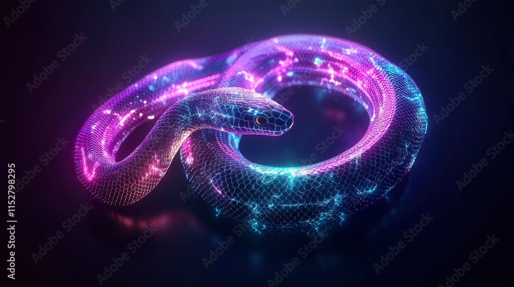 Poster a glowing, abstract representation of a snake with intricate patterns and vibrant neon colors illumi