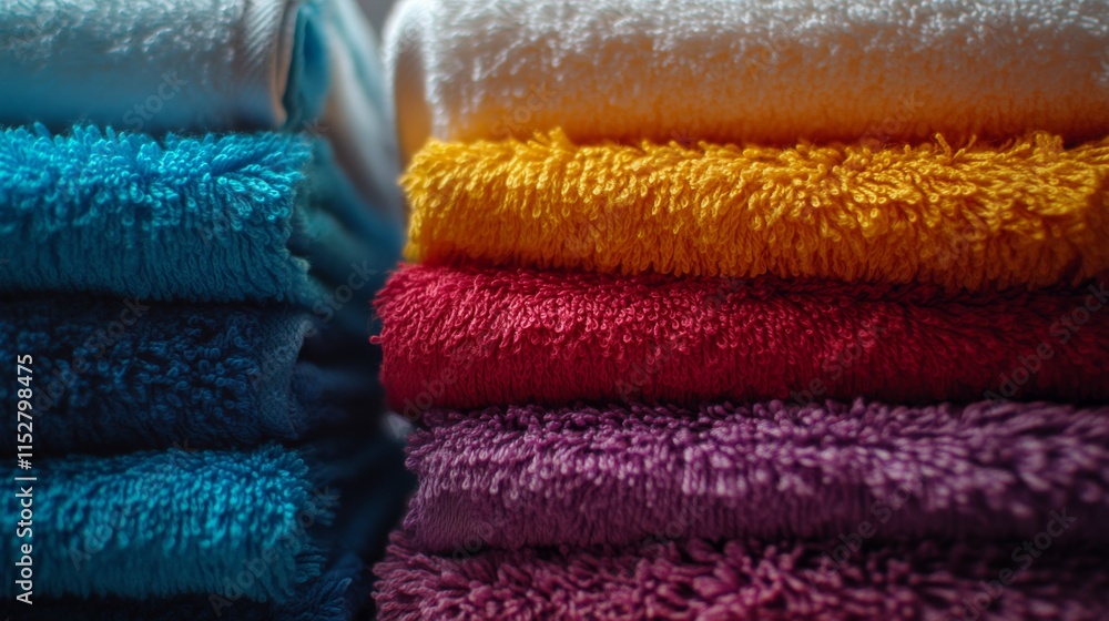 Poster a vibrant stack of neatly arranged towels in various colors, showcasing their plush texture and invi