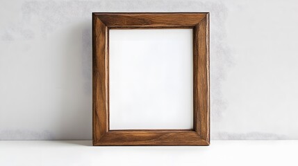 A wooden picture frame with a white border, sitting on a white desk