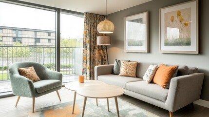 Modern living room interior with cozy furniture, large windows, and stylish decor in a peaceful setting