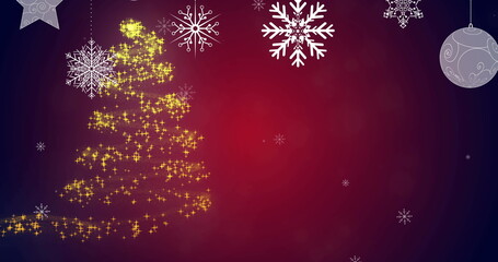 Fototapeta premium Image of shooting star christmas tree with decorations and snow falling