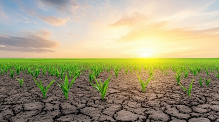 Fresh Green Sprouts Emerging from Dry Soil Under Bright Sunrise in a Scenic Agricultural Landscape