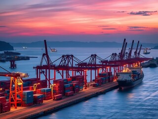 Vibrant Sunset over a Busy Container Port in Asia AI Generated