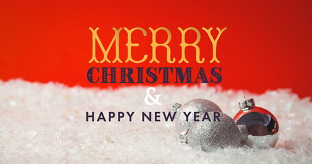 Image of christmas and new year greetings text over christmas decoration © vectorfusionart