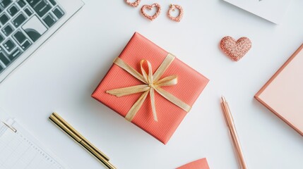 Stylish Gift Box with Golden Ribbon on a Modern Workspace