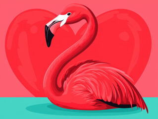 Fototapeta premium Kawaii Animal Valentine's Love concept. Colorful flamingo illustration with a heart background.