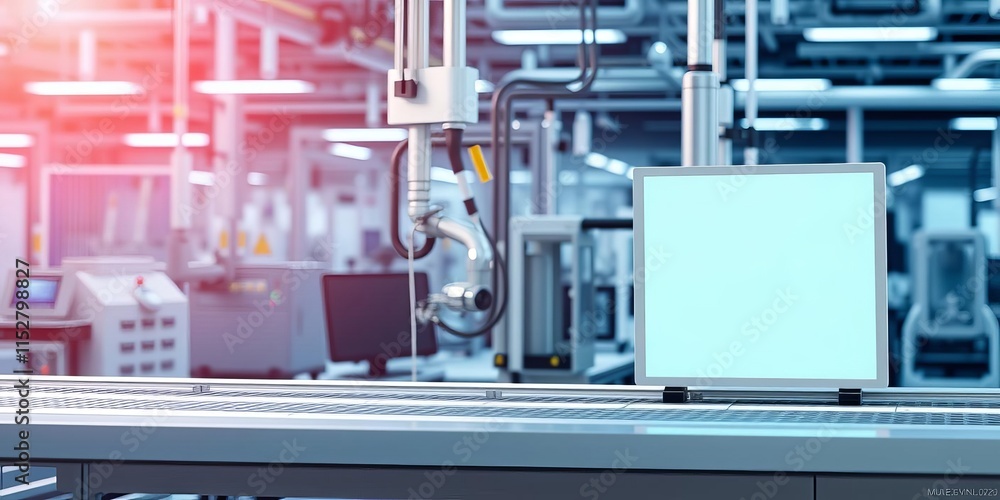 Poster automated machine working on a production line in a futuristic factory with advanced technology and 