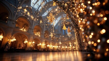 Elegant holiday decor illuminating a grand hall with sparkling lights and festive ambiance during the Christmas season