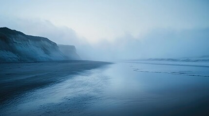 Serene Coastal Landscape at Dusk with Soft Fog and Gentle Waves