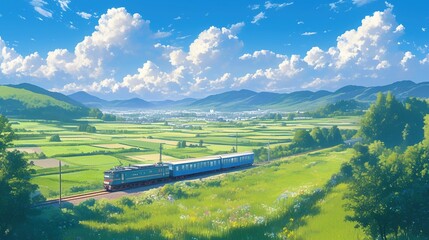 Naklejka premium Scenic train journey through vibrant green valley under a sunny sky.