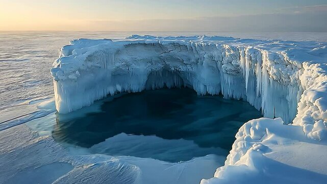 Aerial view of a frozen lake with a large ice formation and a pool of blue water.