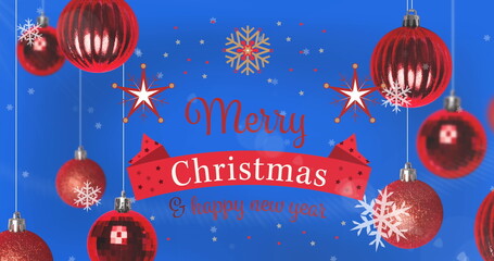Image of christmas greetings text over christmas red baubles © vectorfusionart