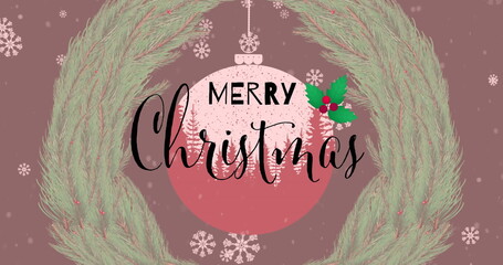 Image of christmas greetings text over christmas bauble and fir tree branches © vectorfusionart