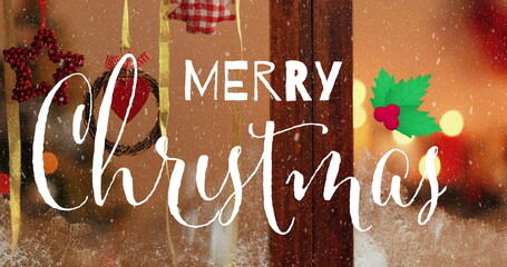 Image of christmas greetings text over window with christmas decorations © vectorfusionart