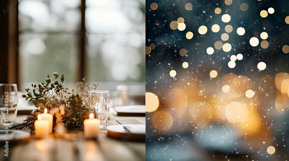 Aufkleber elegant holiday table setting with candles and greenery, paired with shimmering bokeh background for